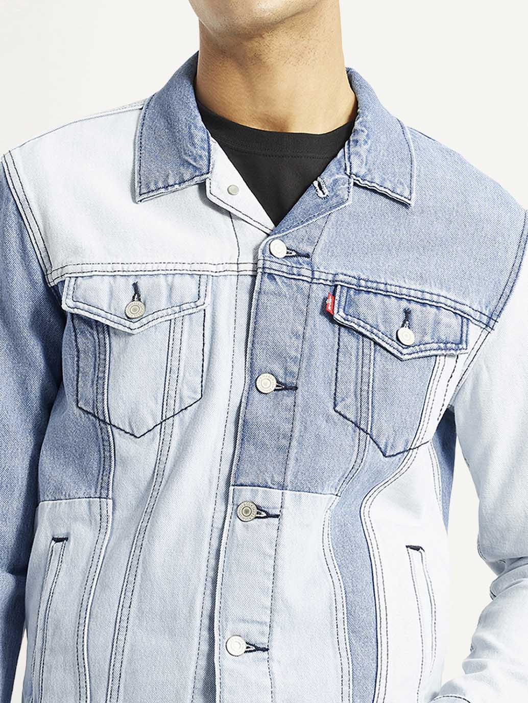 Men's Patchwork Light Blue Denim Trucker Jacket - Detail View