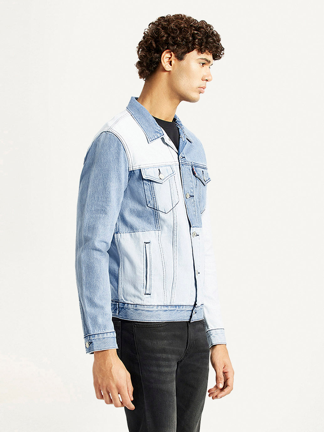 Men's Patchwork Light Blue Denim Trucker Jacket - Side View