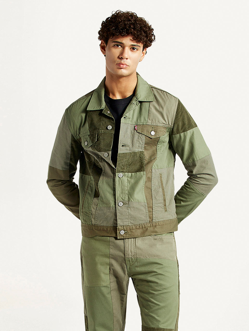 Men's Patchwork Green Trucker Jacket - Styleshot View