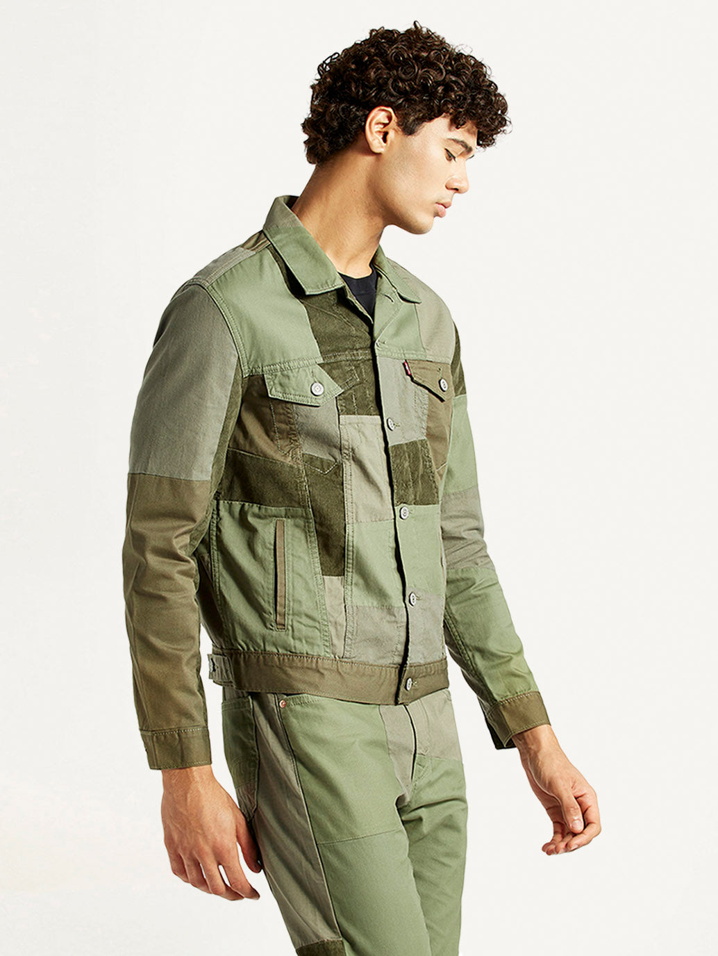 Men's Patchwork Green Trucker Jacket - Side View