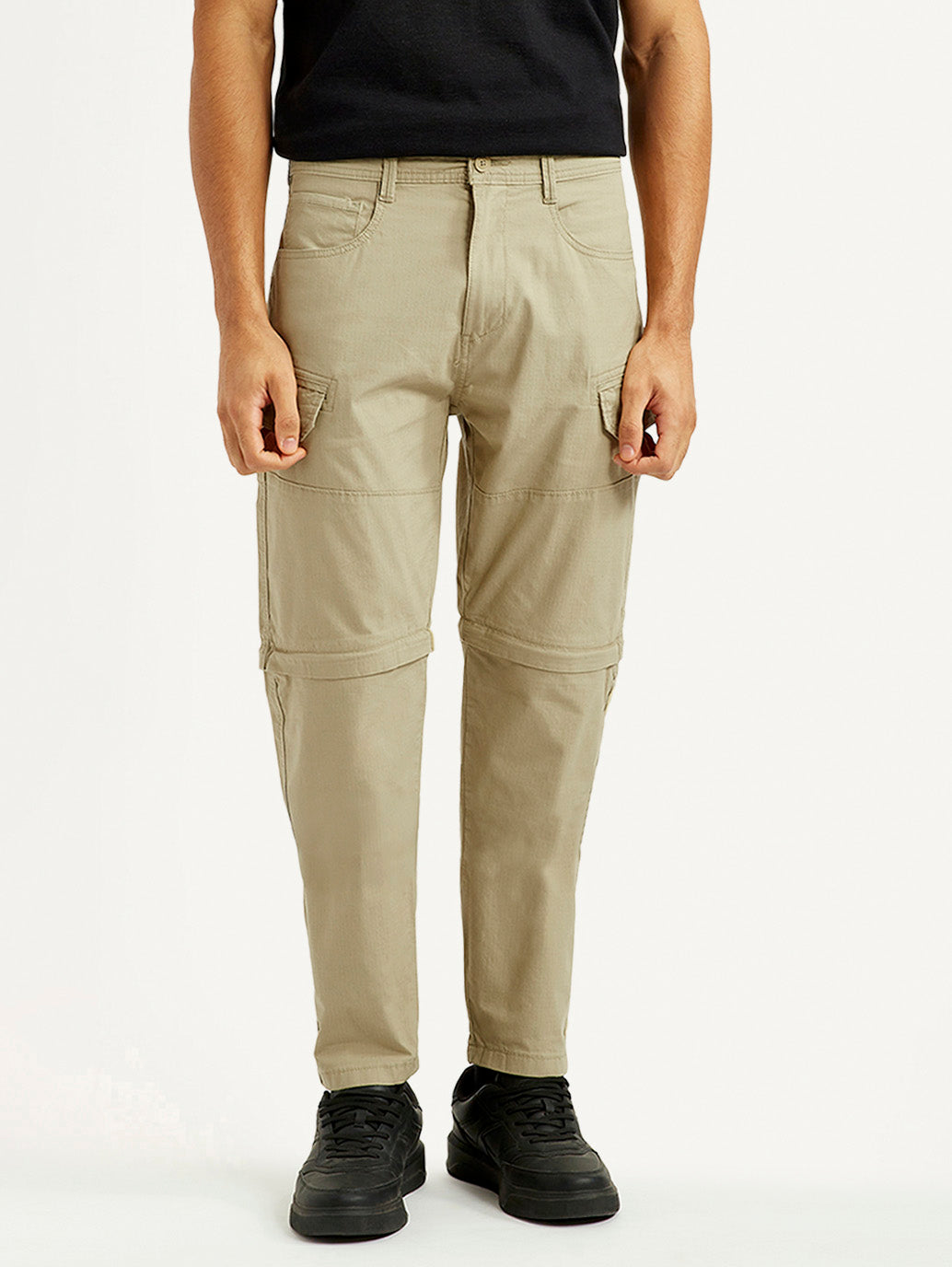 Men's Beige Slim Fit Cargos - Front View