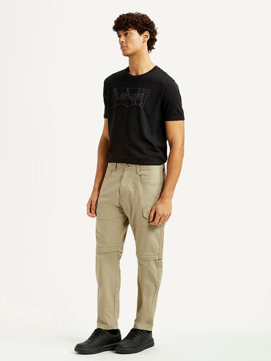 Men's Beige Slim Fit Cargos - Side View
