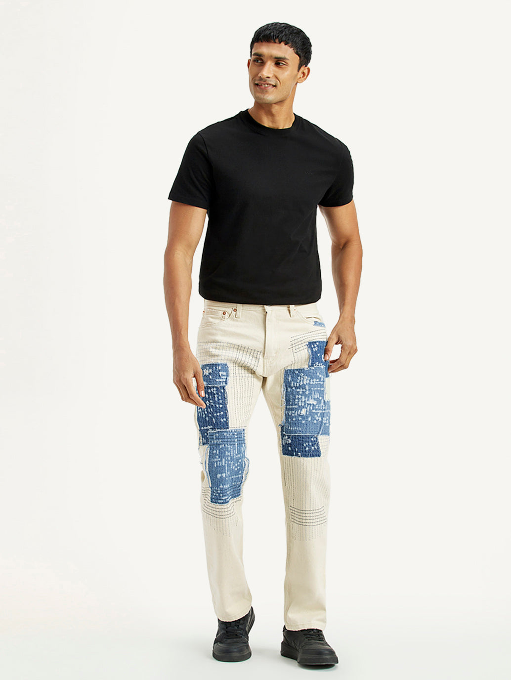 Men's 555 Off White Relaxed Straight Fit Mid Rise Jeans - Front View