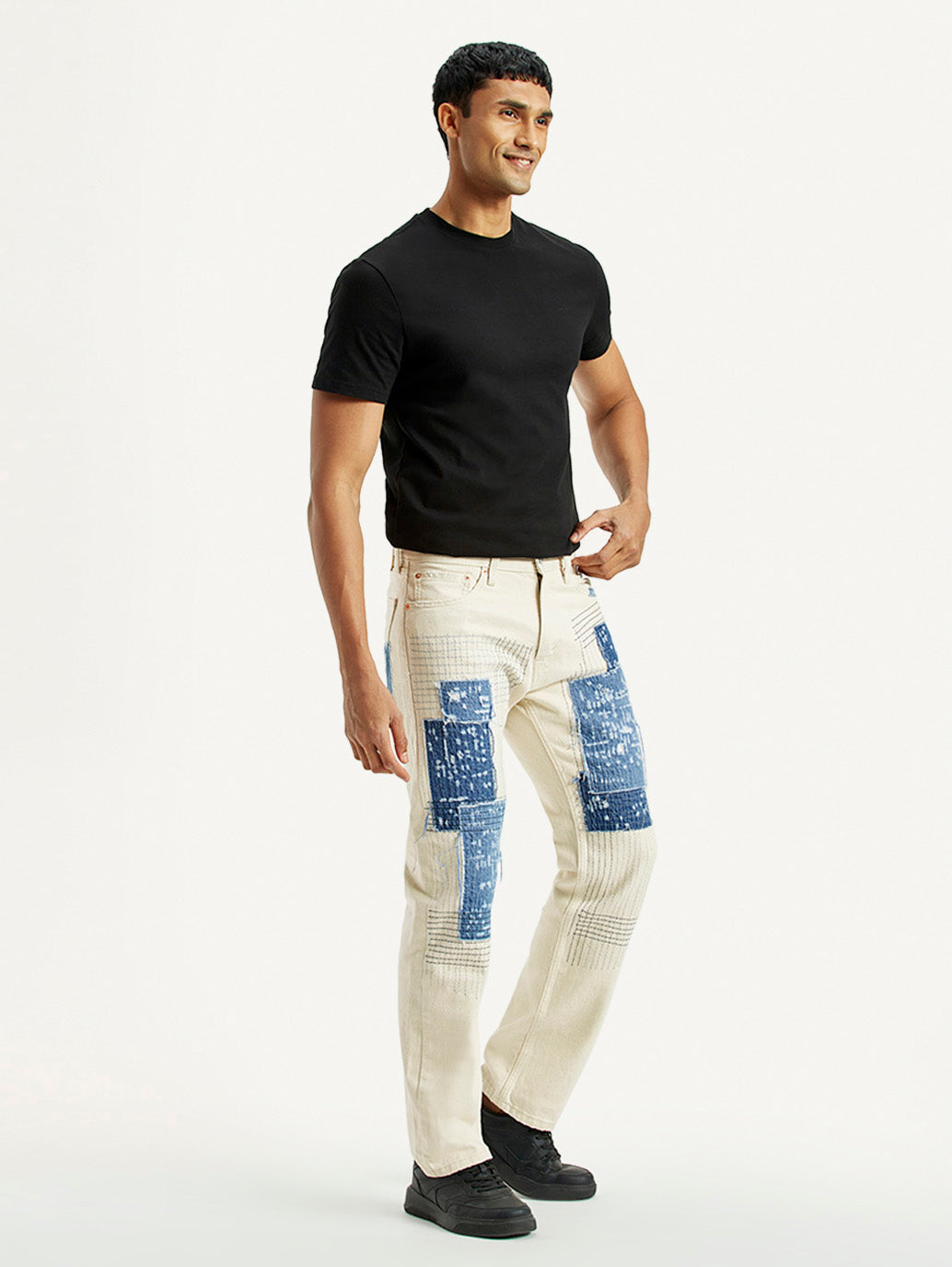 Men's 555 Off White Relaxed Straight Fit Mid Rise Jeans - Side View