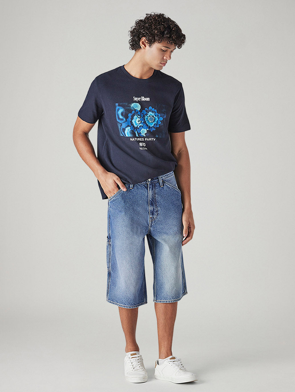Men's Blue Loose Fit Mid Rise Jorts