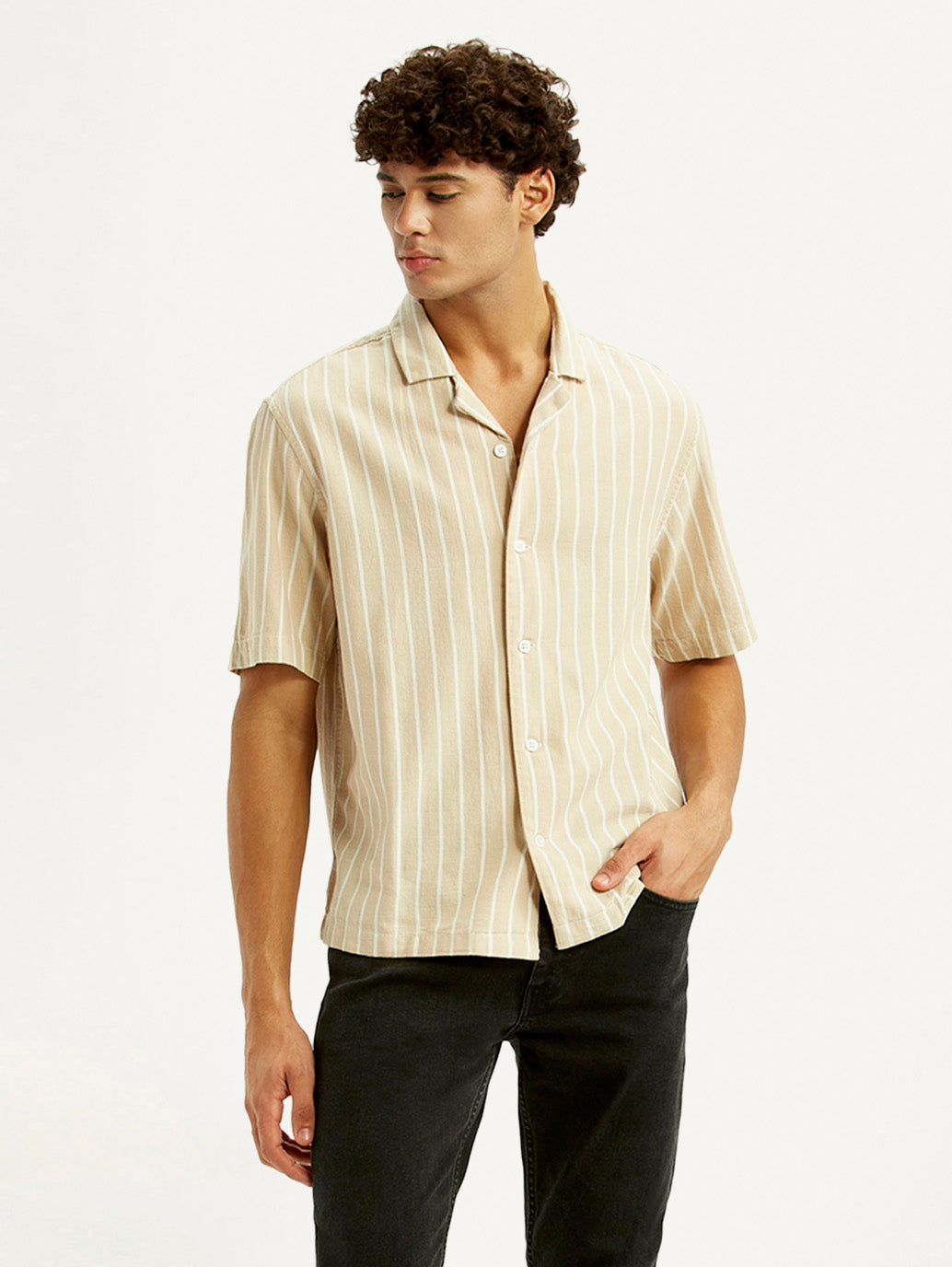 Men's Striped Peach Boxy Fit Camp Shirt