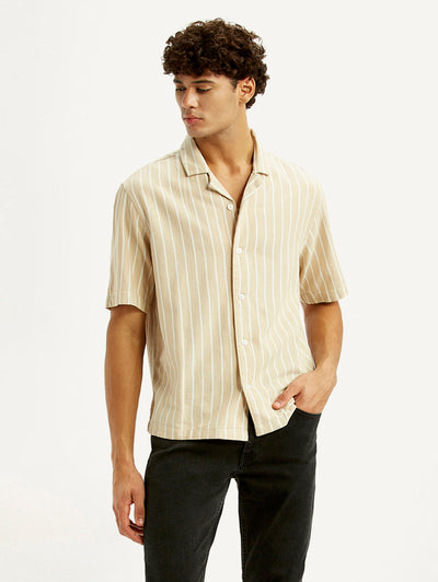 Men's Striped Peach Boxy Fit Camp Shirt-image-5
