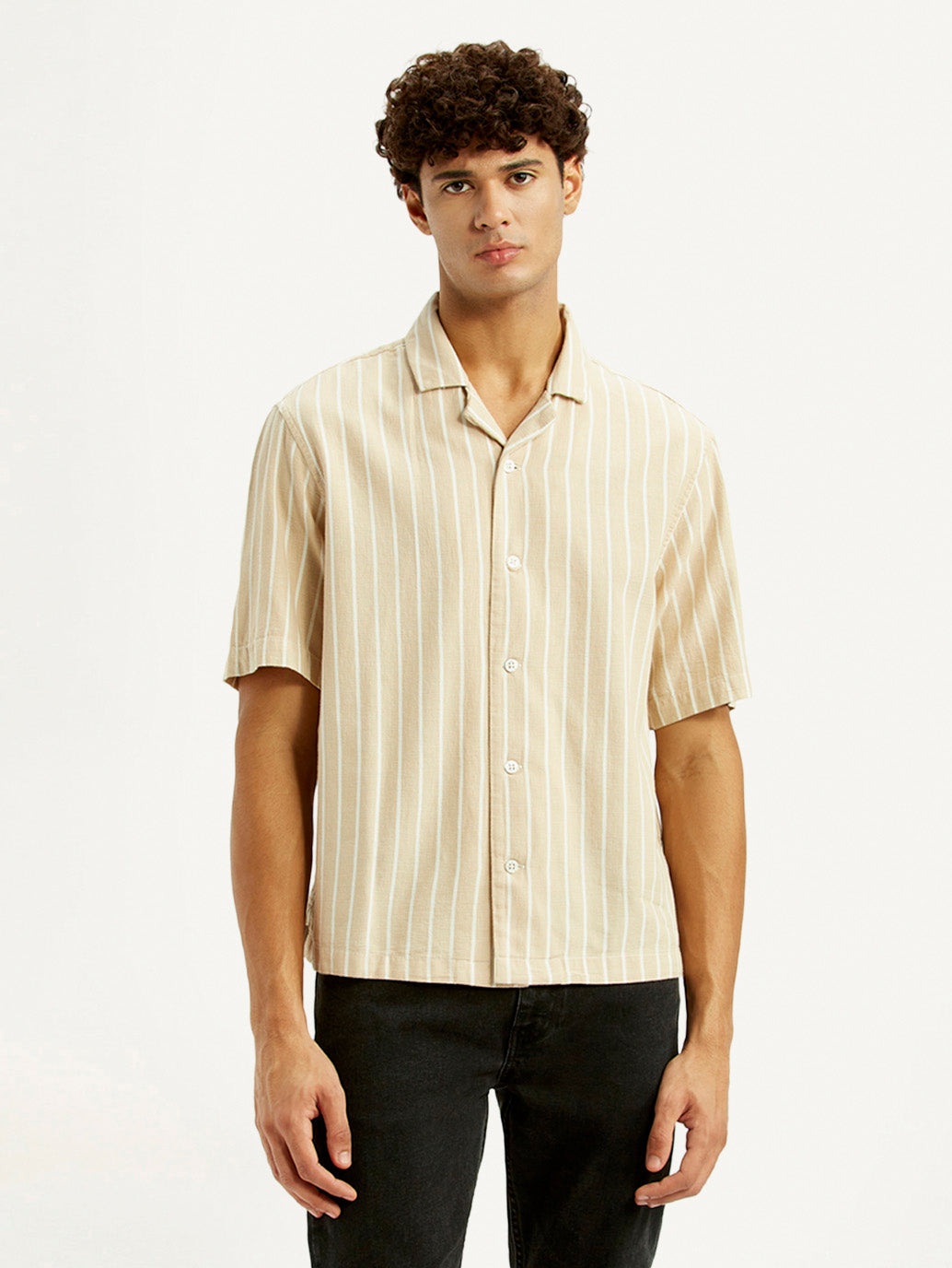 Men's Striped Peach Boxy Fit Camp Shirt - Front View