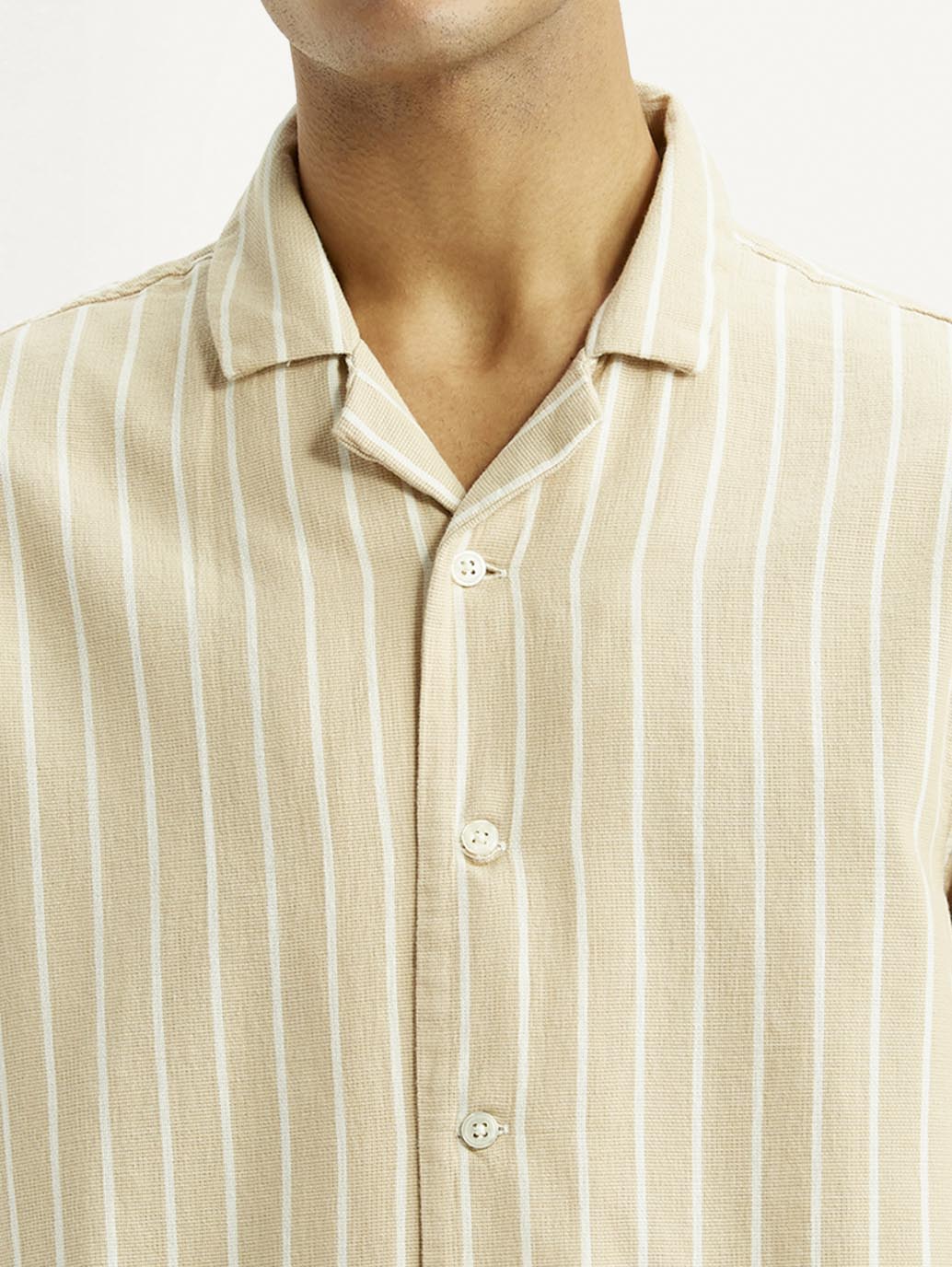 Men's Striped Peach Boxy Fit Camp Shirt - Detail View