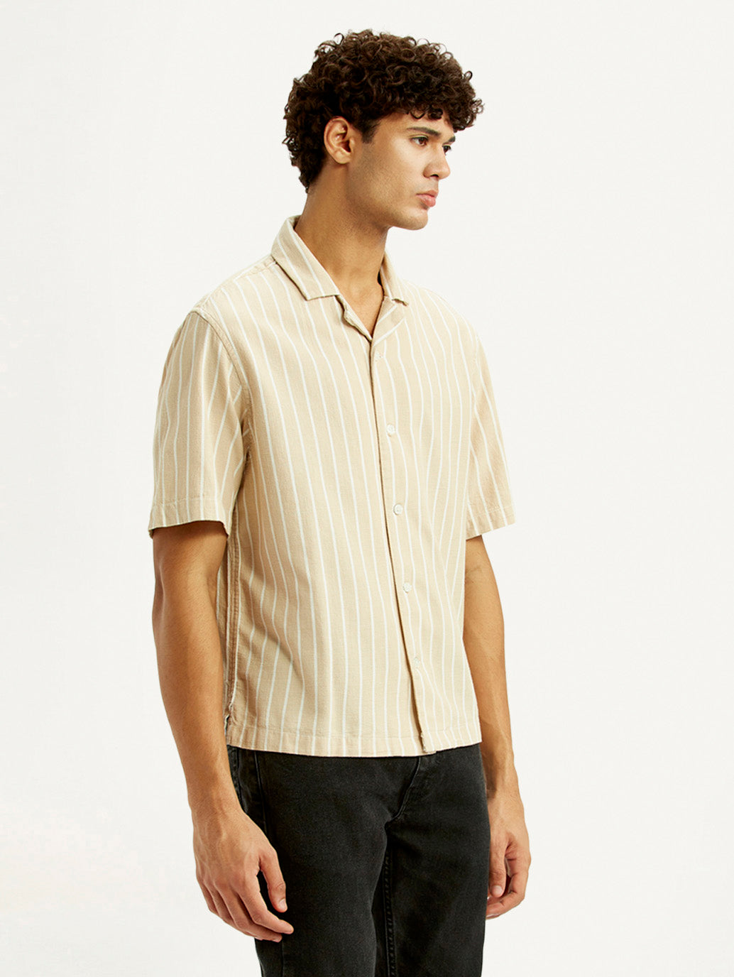 Men's Striped Peach Boxy Fit Camp Shirt - Side View