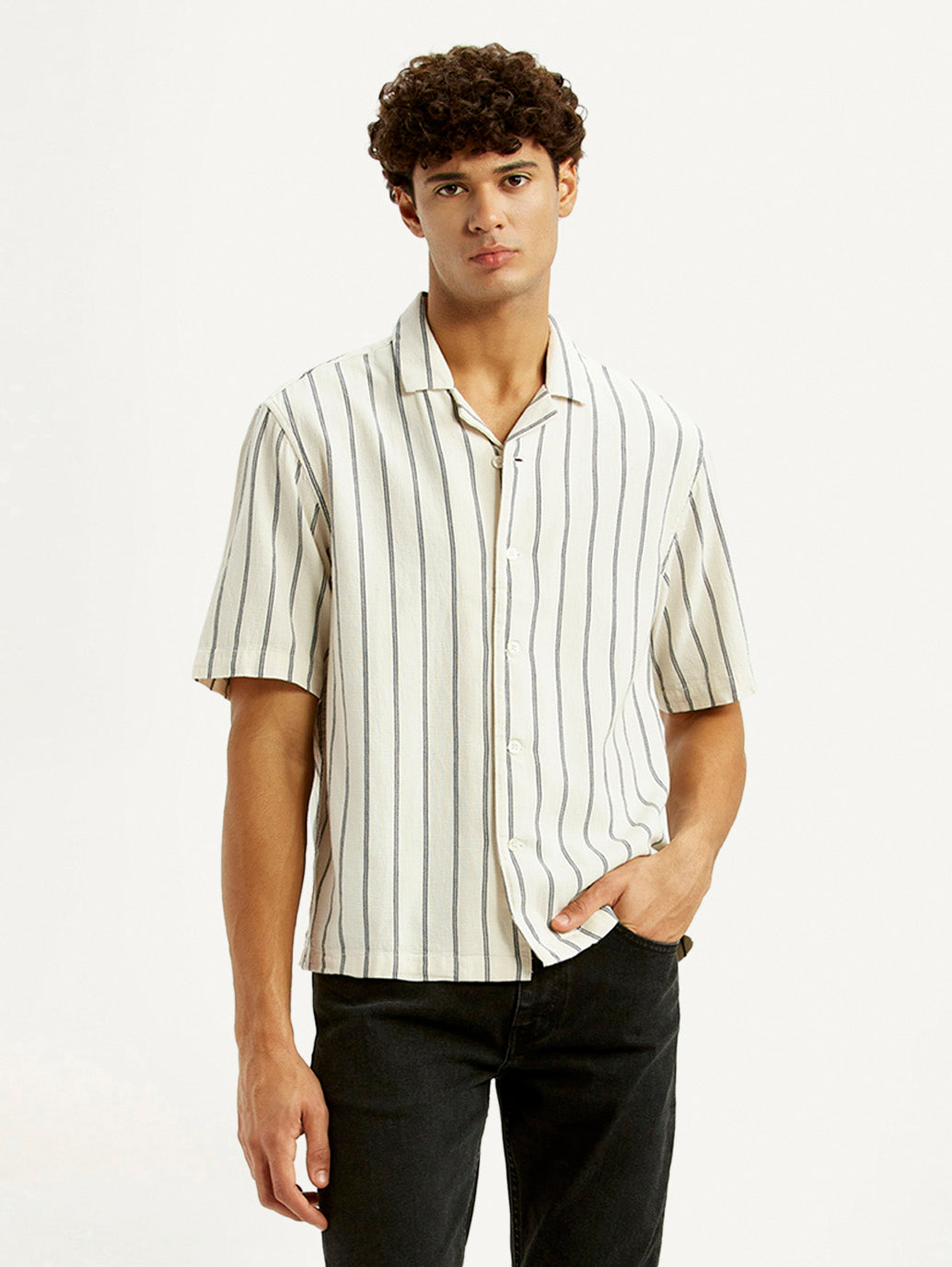Men's Striped Off White Boxy Fit Camp Shirt - Styleshot View