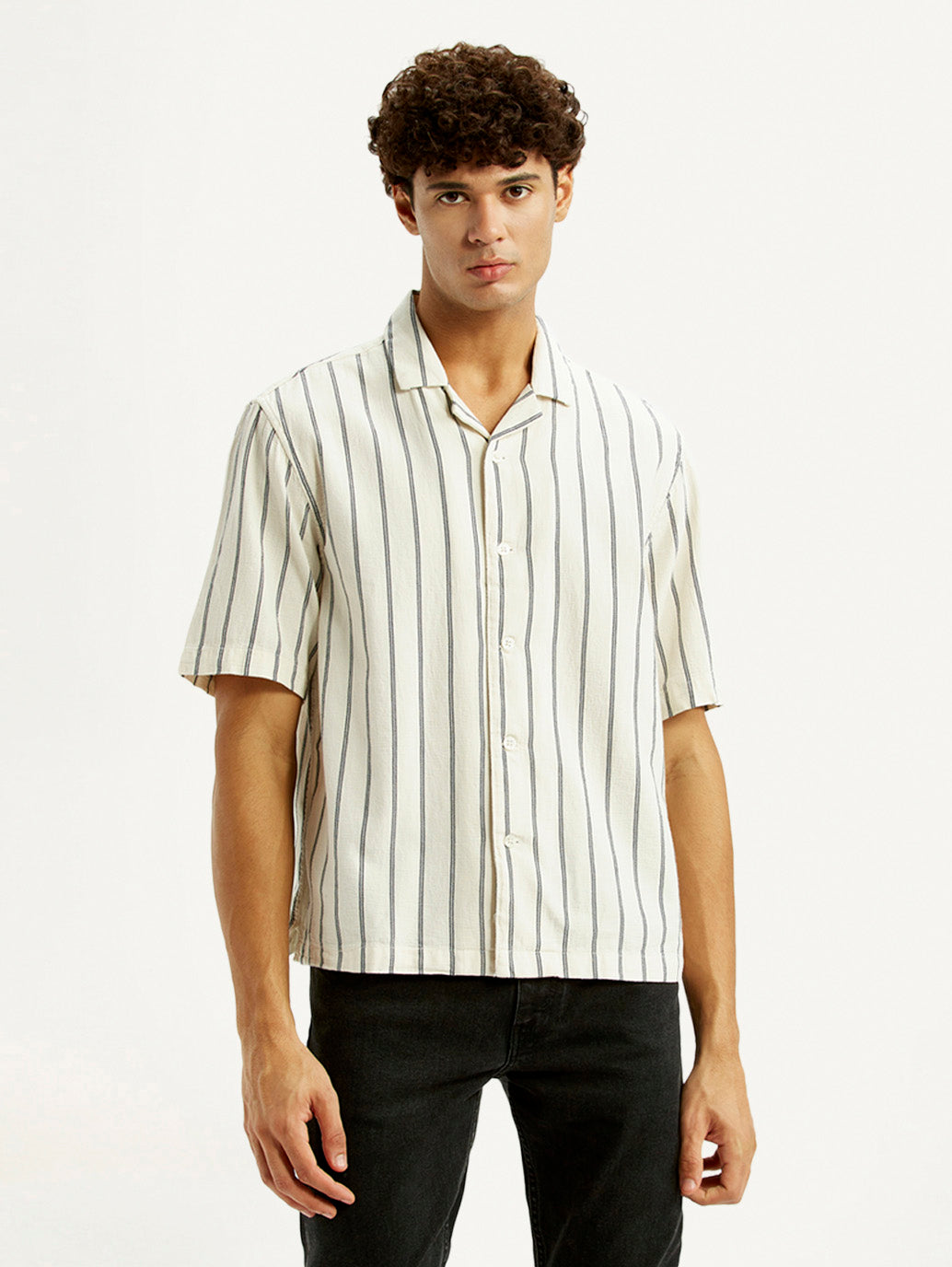 Men's Striped Off White Boxy Fit Camp Shirt - Front View
