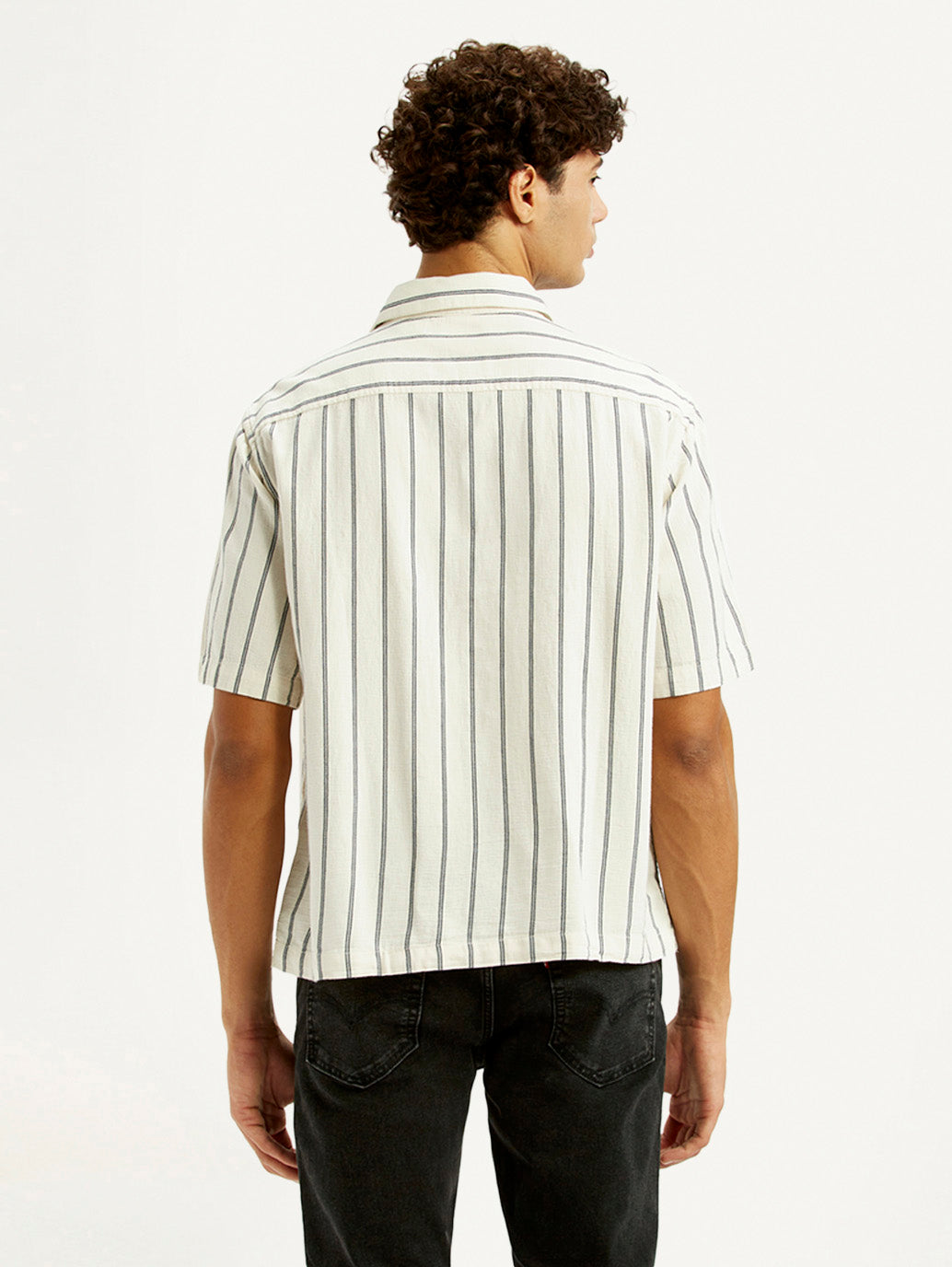 Men's Striped Off White Boxy Fit Camp Shirt - Back View