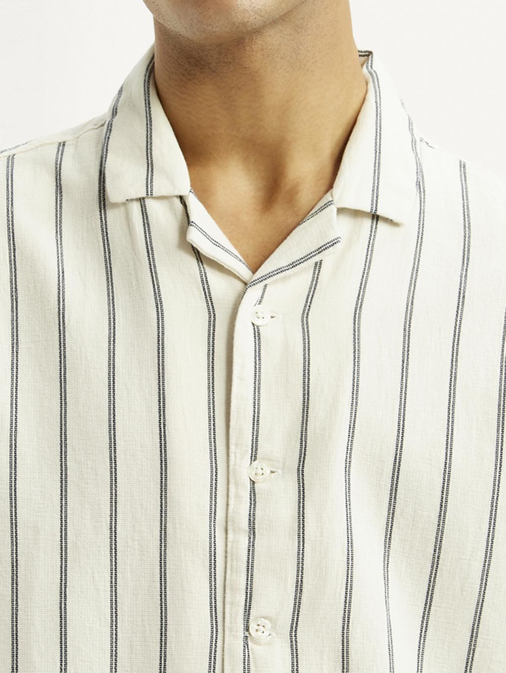 Men's Striped Off White Boxy Fit Camp Shirt - Detail View