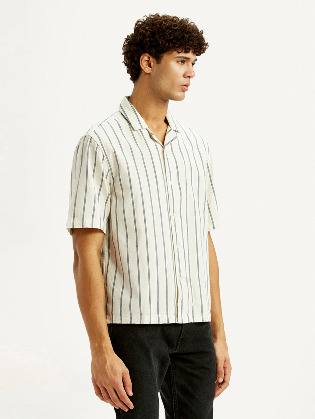 Men's Striped Off White Boxy Fit Camp Shirt - Side View