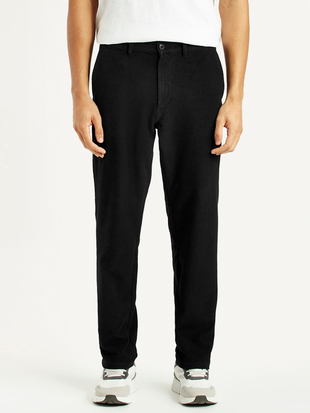 Men's Black Relaxed Straight Fit Mid Rise Corduroy Chinos - Front View