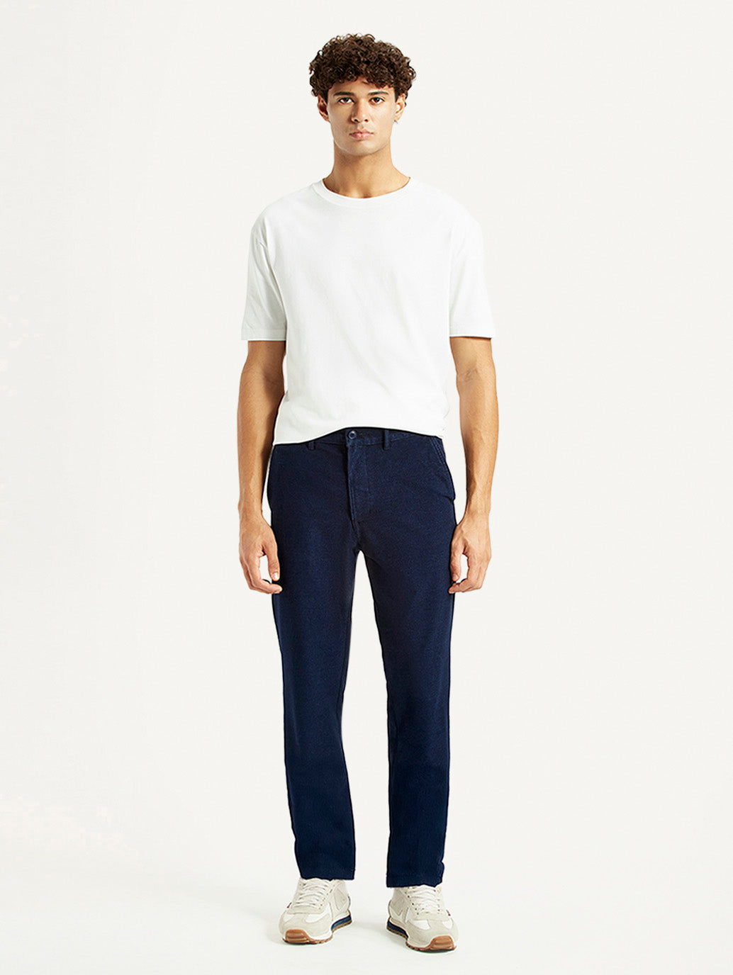 Men's Navy Relaxed Straight Fit Mid Rise Corduroy Trousers - Front View