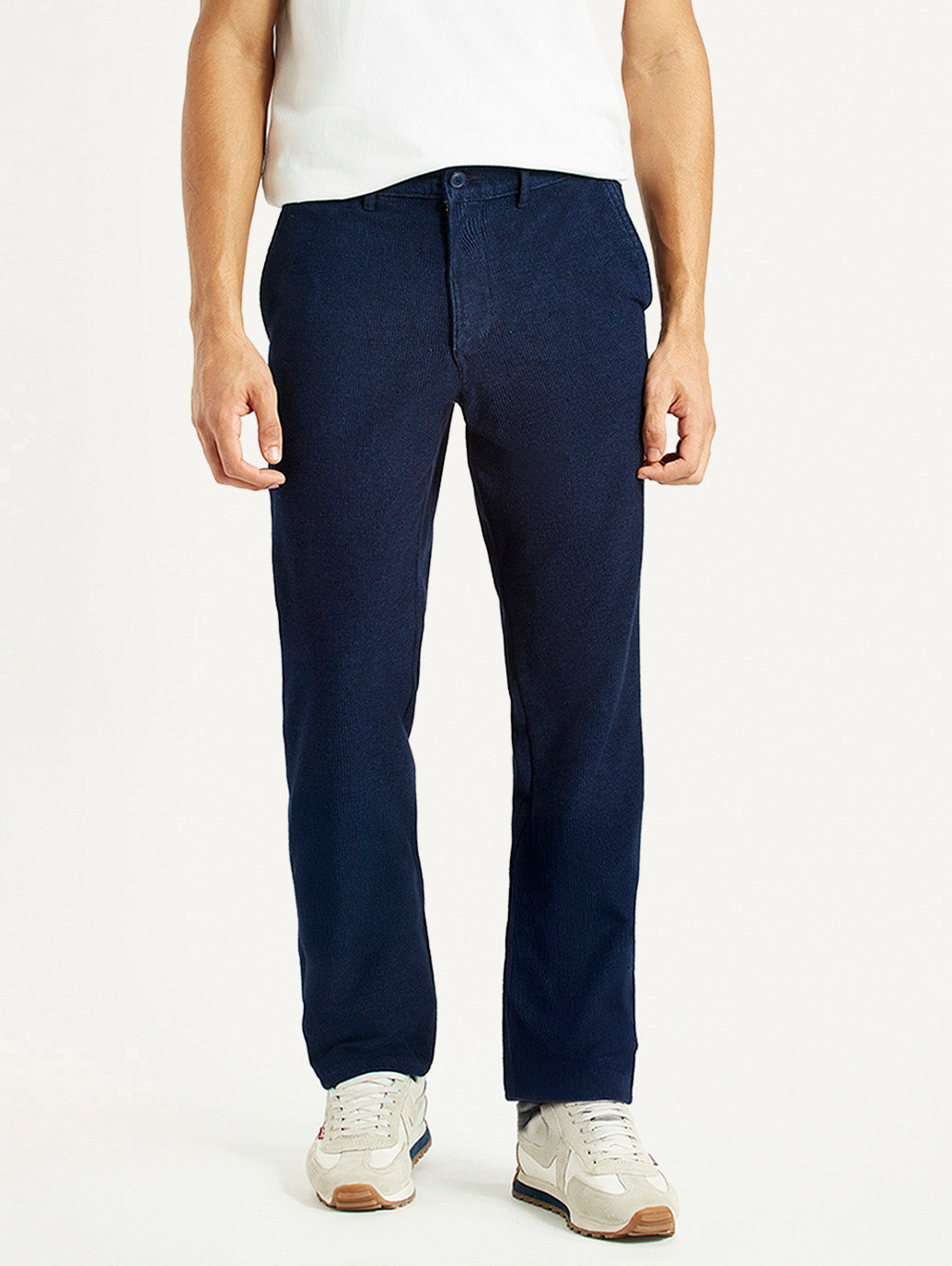 Men's Navy Relaxed Straight Fit Mid Rise Corduroy Trousers - Front View
