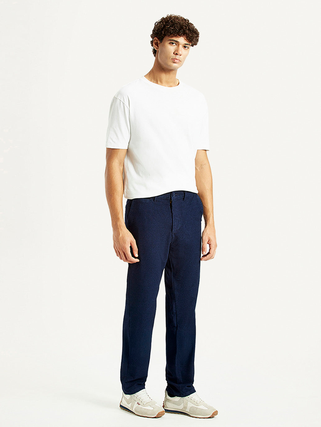 Men's Navy Relaxed Straight Fit Mid Rise Corduroy Trousers - Side View