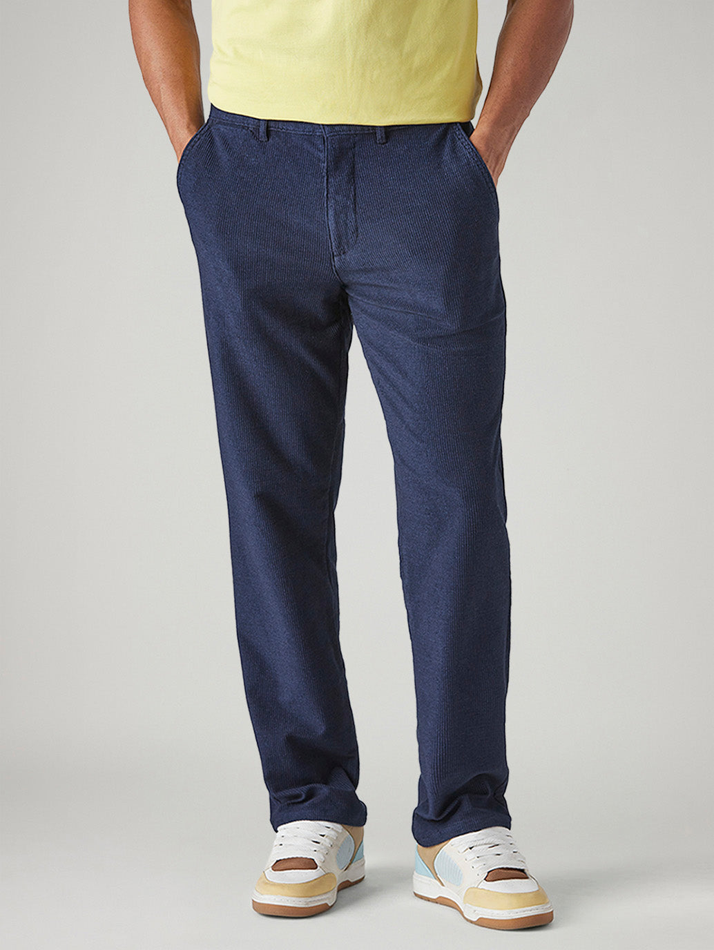 Men's Dark Indigo Authentic Relaxed Fit Mid Rise Corduroy Chinos - Front View