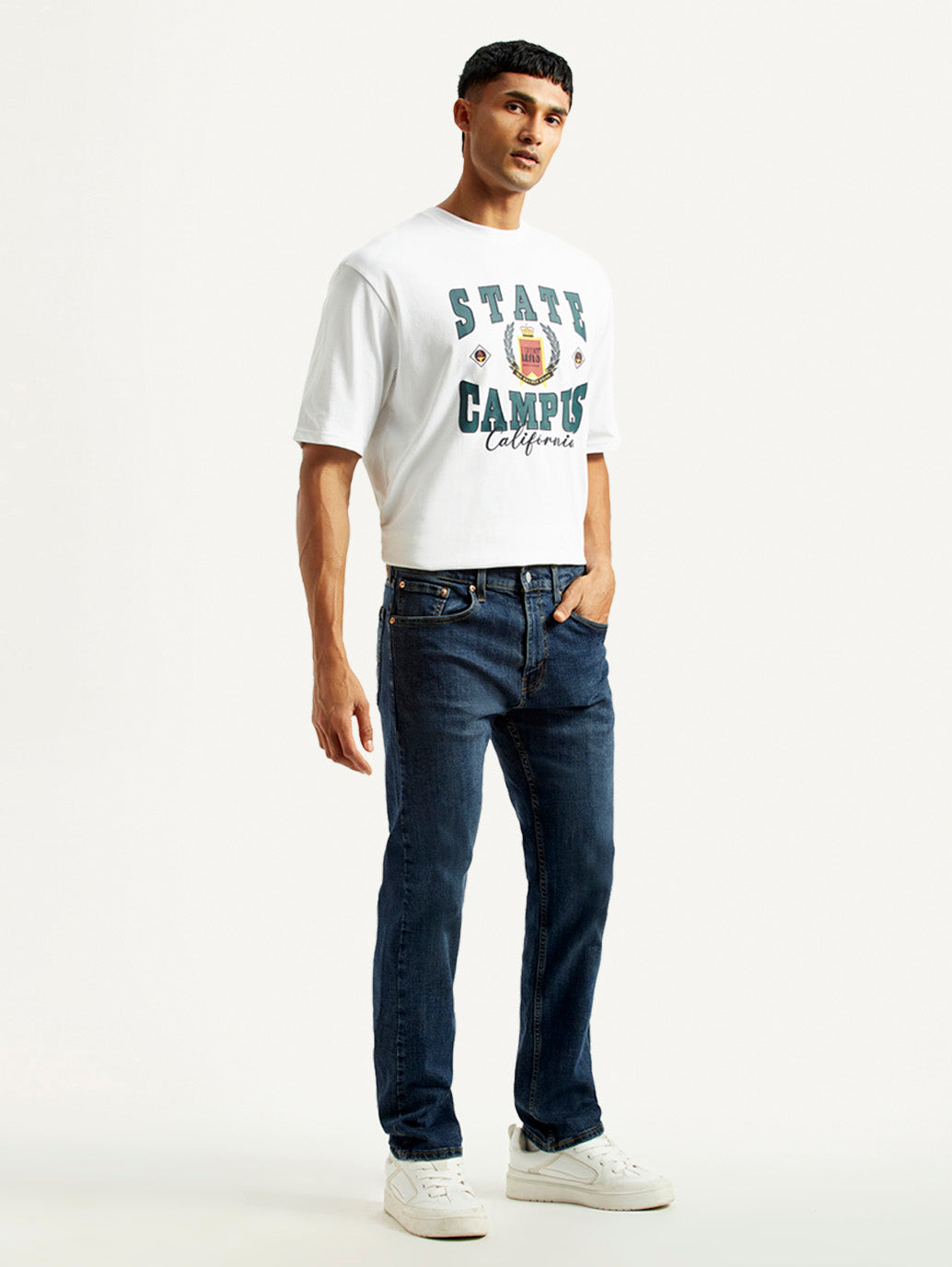 Men's 505 Dark Indigo Straight Fit Mid Rise Jeans - Side View