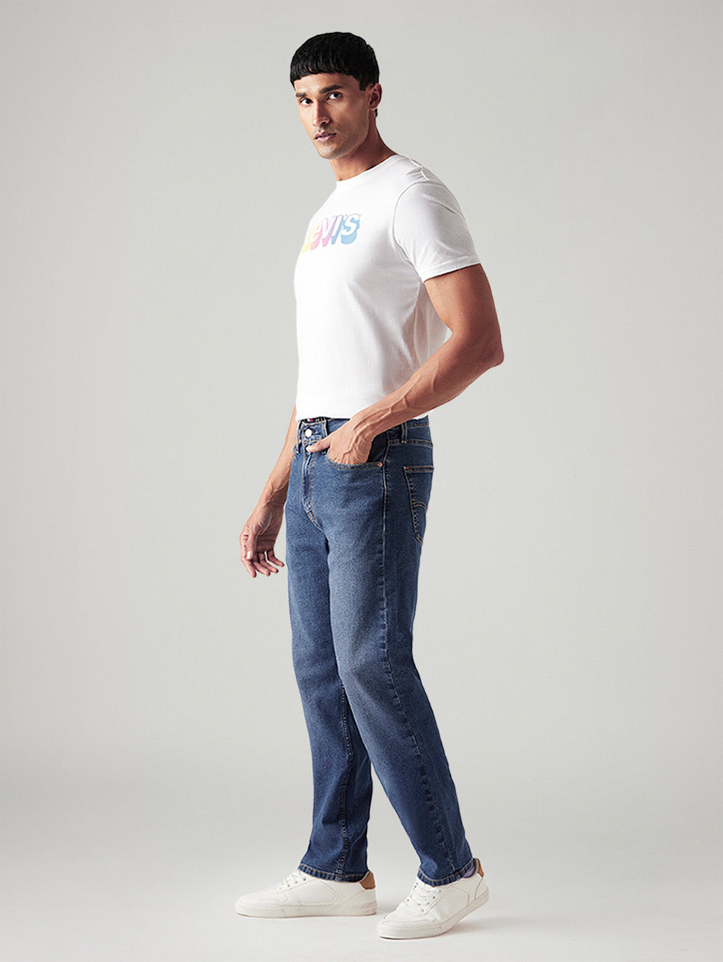 Men's 505 Blue Straight Fit Mid Rise Jeans - Side View