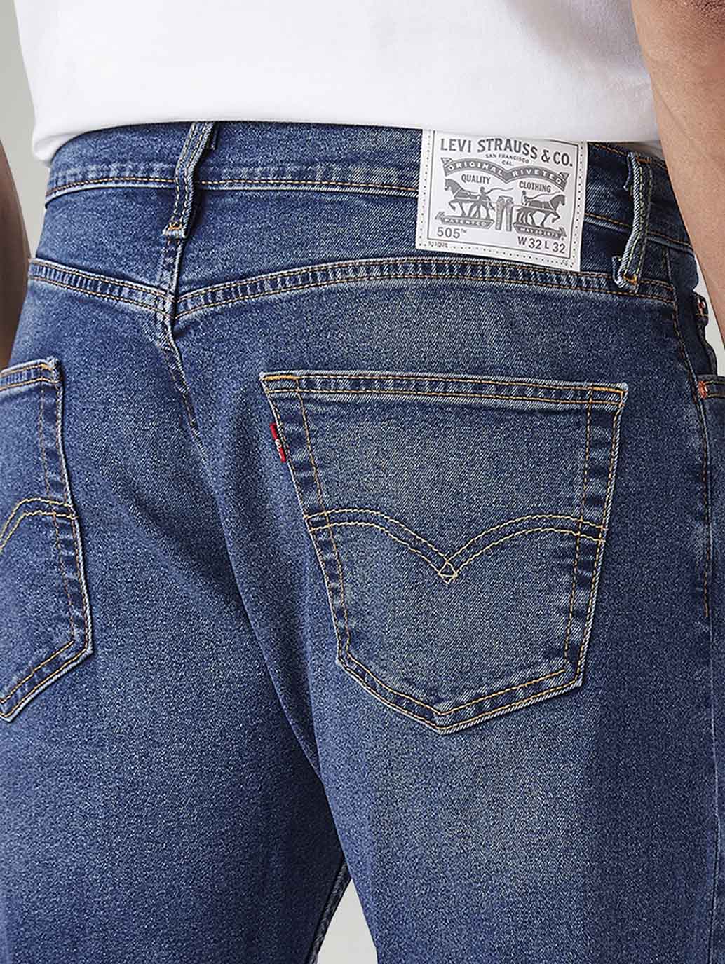 Men's 505 Blue Straight Fit Mid Rise Jeans - Detail View