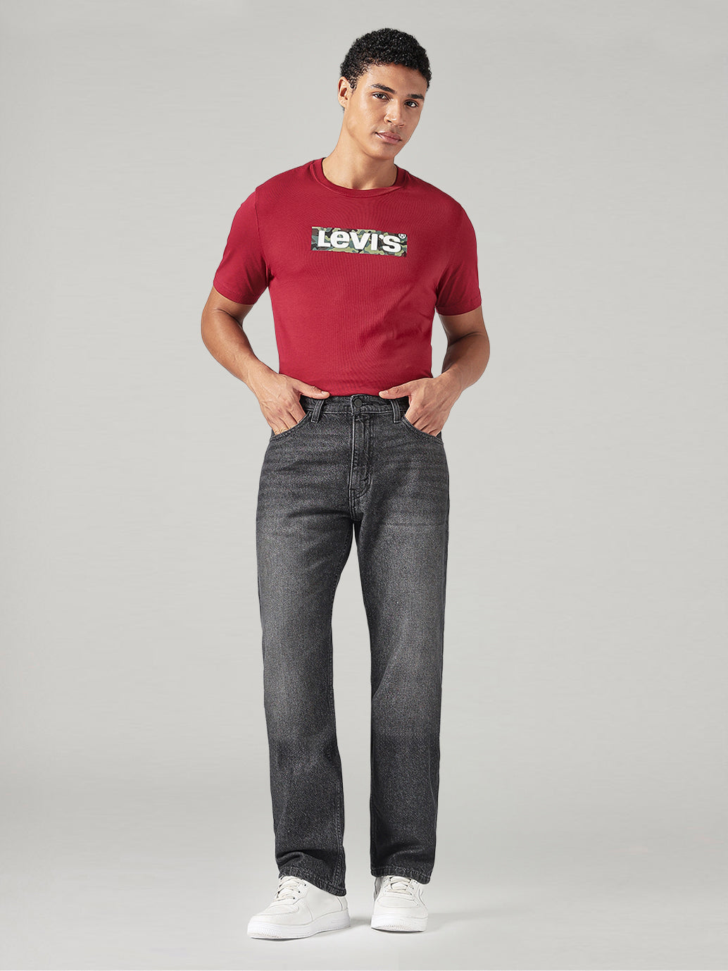 Men's 555 Charcoal Grey Relaxed Straight Fit Mid Rise Jeans - Front View