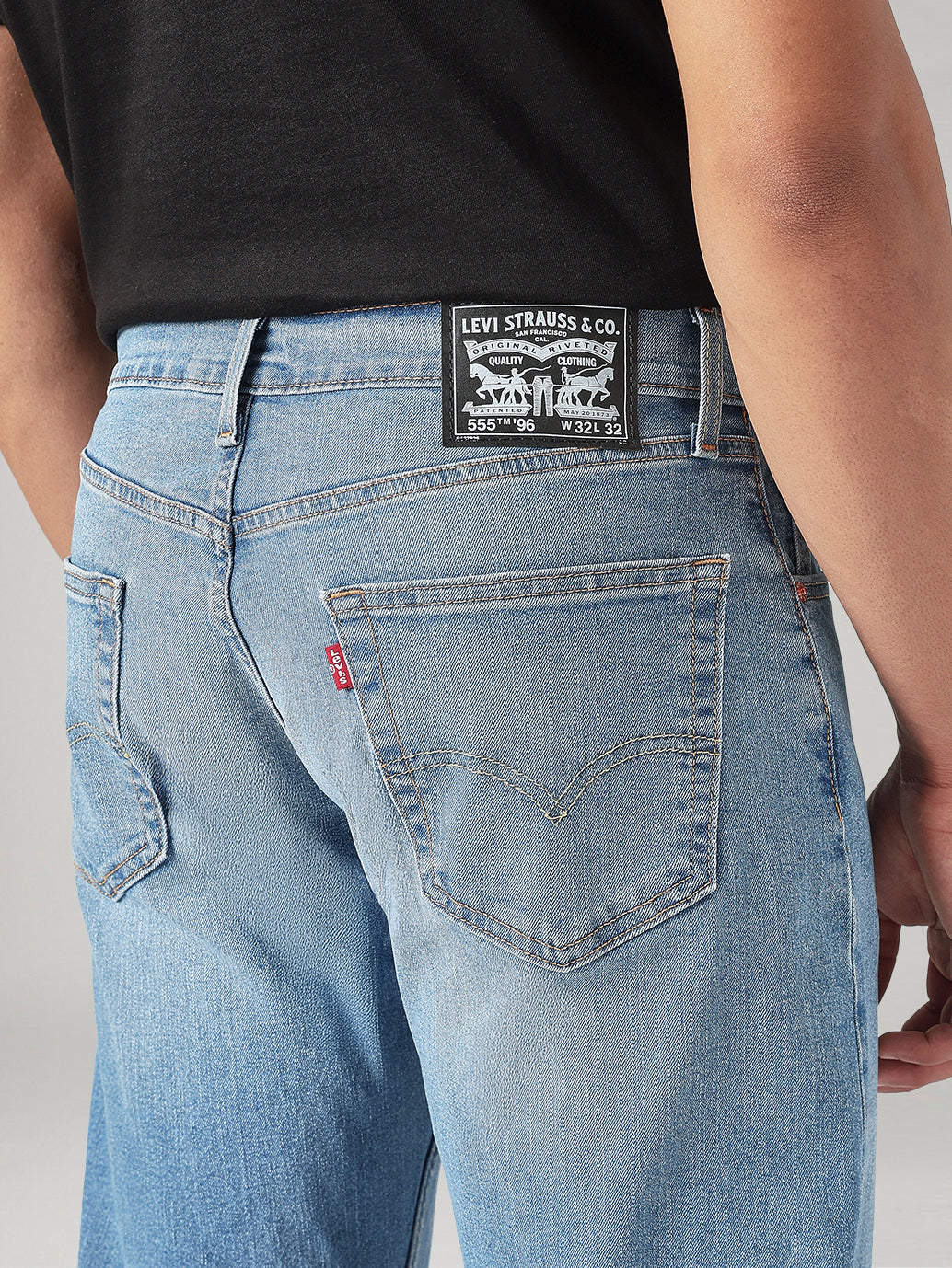 Men's 555 Light Blue Relaxed Straight Fit Mid Rise Jeans - Detail View