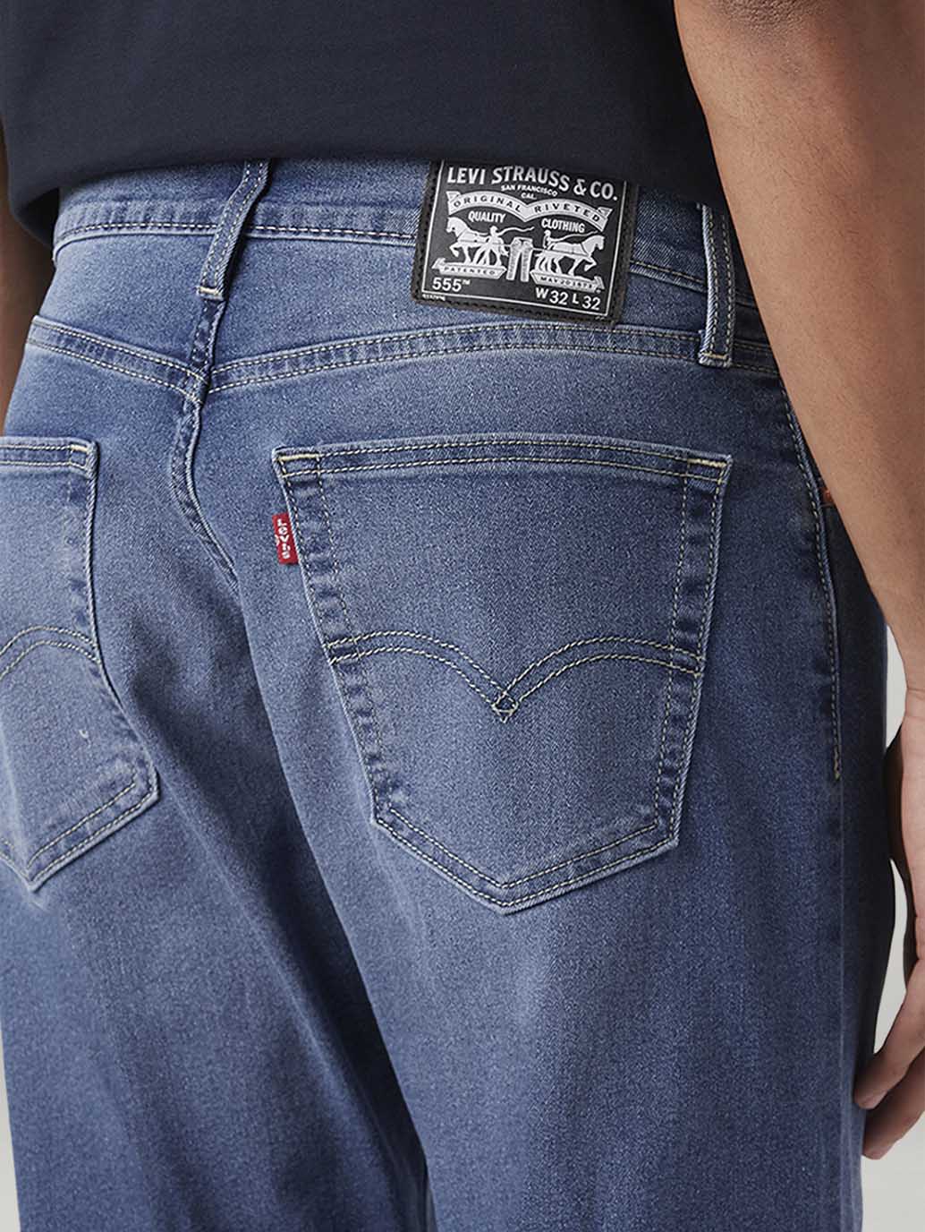 Men's 555 Blue Relaxed Straight Fit Mid Rise Jeans - Detail View