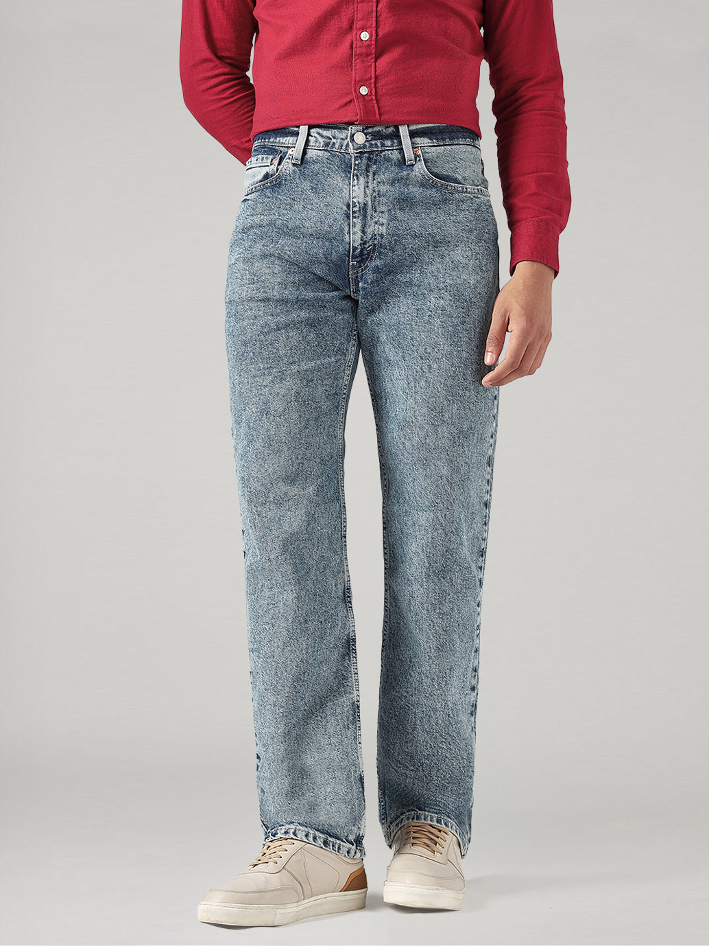 Men's Blue Relaxed Straight Fit Mid Rise Jeans - Front View