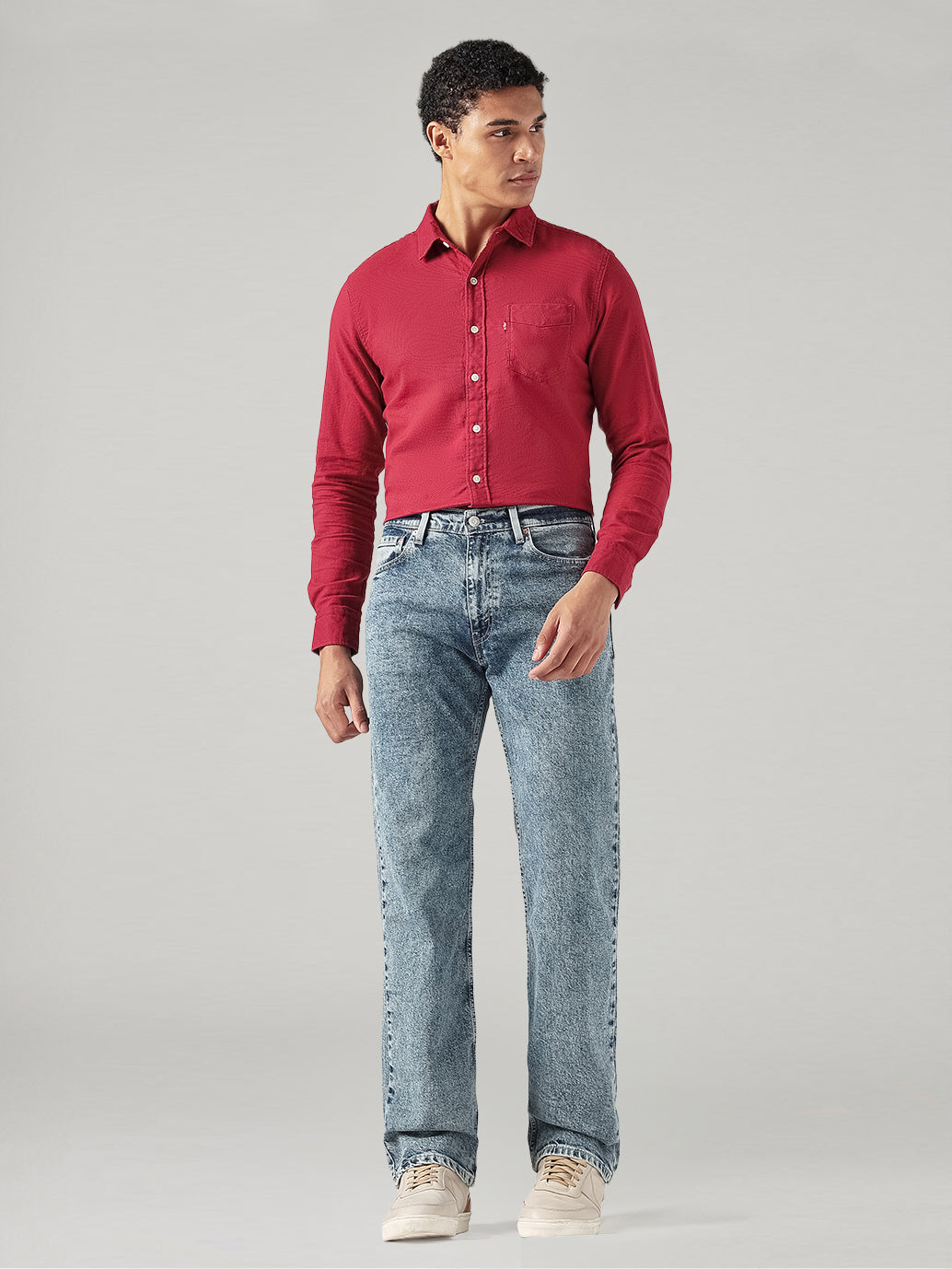 Men's Blue Relaxed Straight Fit Mid Rise Jeans - Front View
