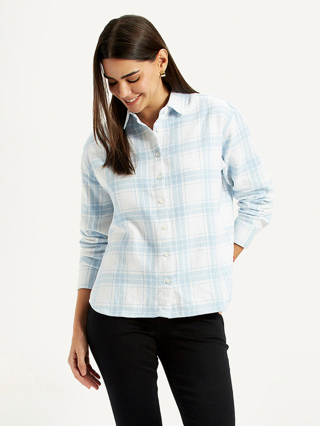 Women's Checkered White Relaxed Fit Shirt - Styleshot View