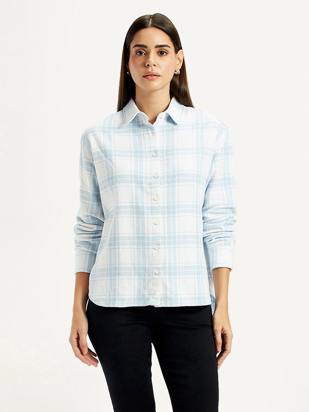 Women's Checkered White Relaxed Fit Shirt - Front View