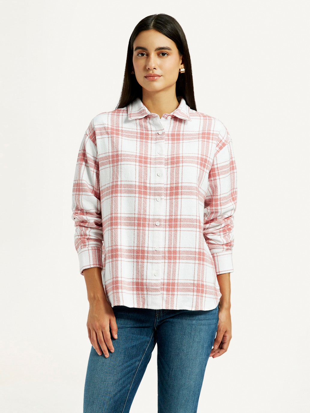 Women's Checkered Pink Relaxed Fit Shirt - Front View