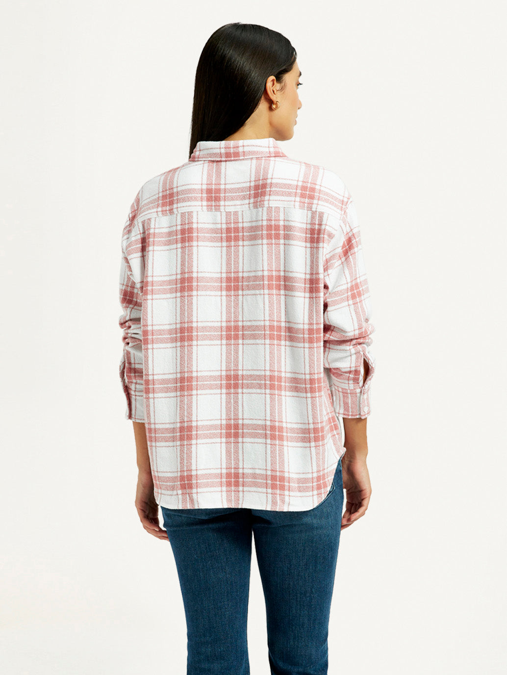 Women's Checkered Pink Slim Fit Shirt - Back View