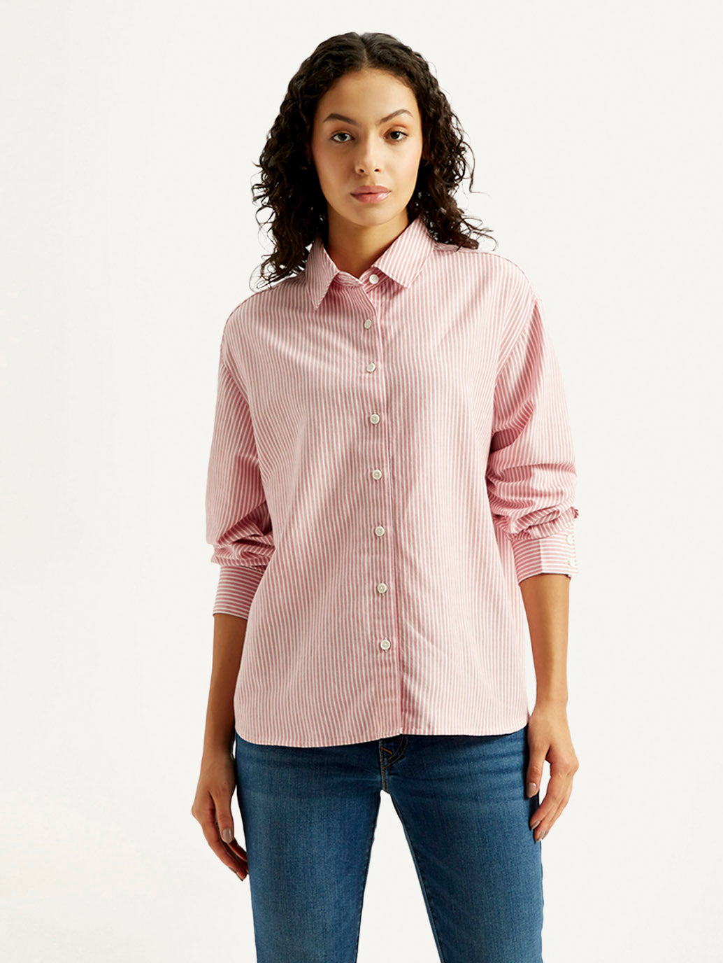 Women's Pink Striped Relaxed Fit Shirt - Front View