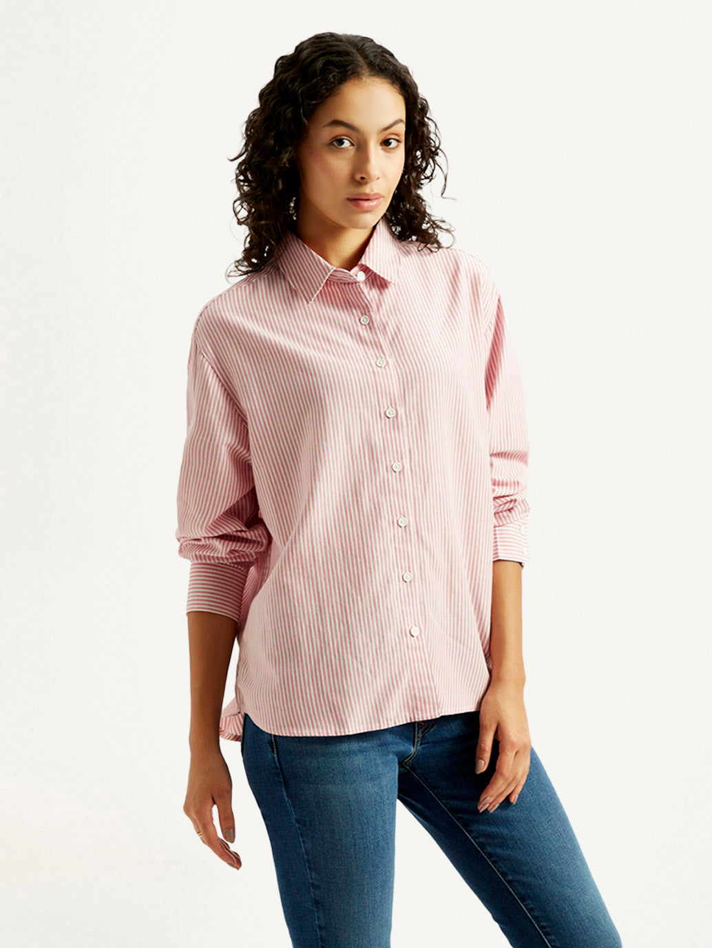 Women's Pink Striped Relaxed Fit Shirt - Side View