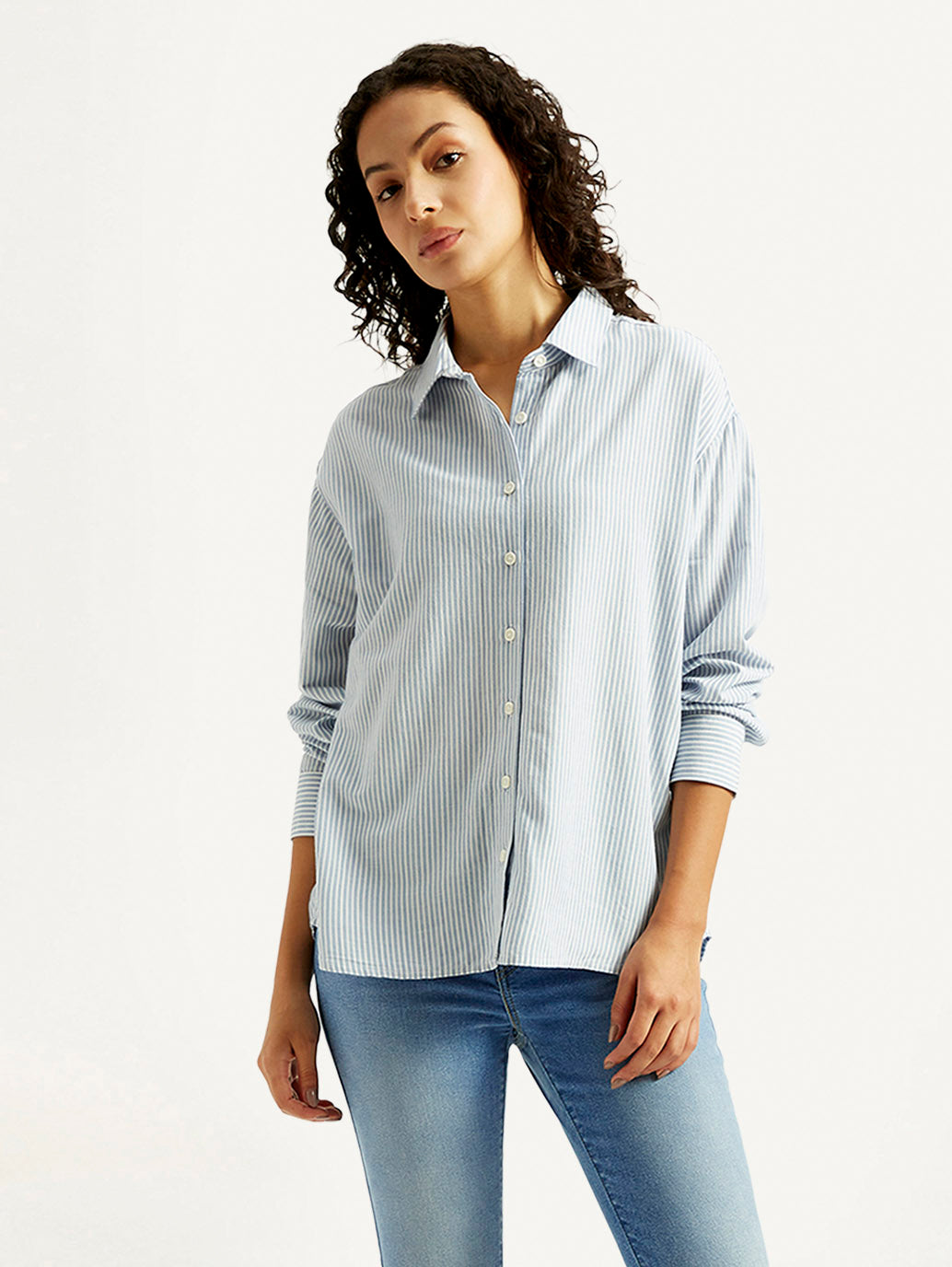 Women's Light Blue Striped Relaxed Fit Shirt - Styleshot View
