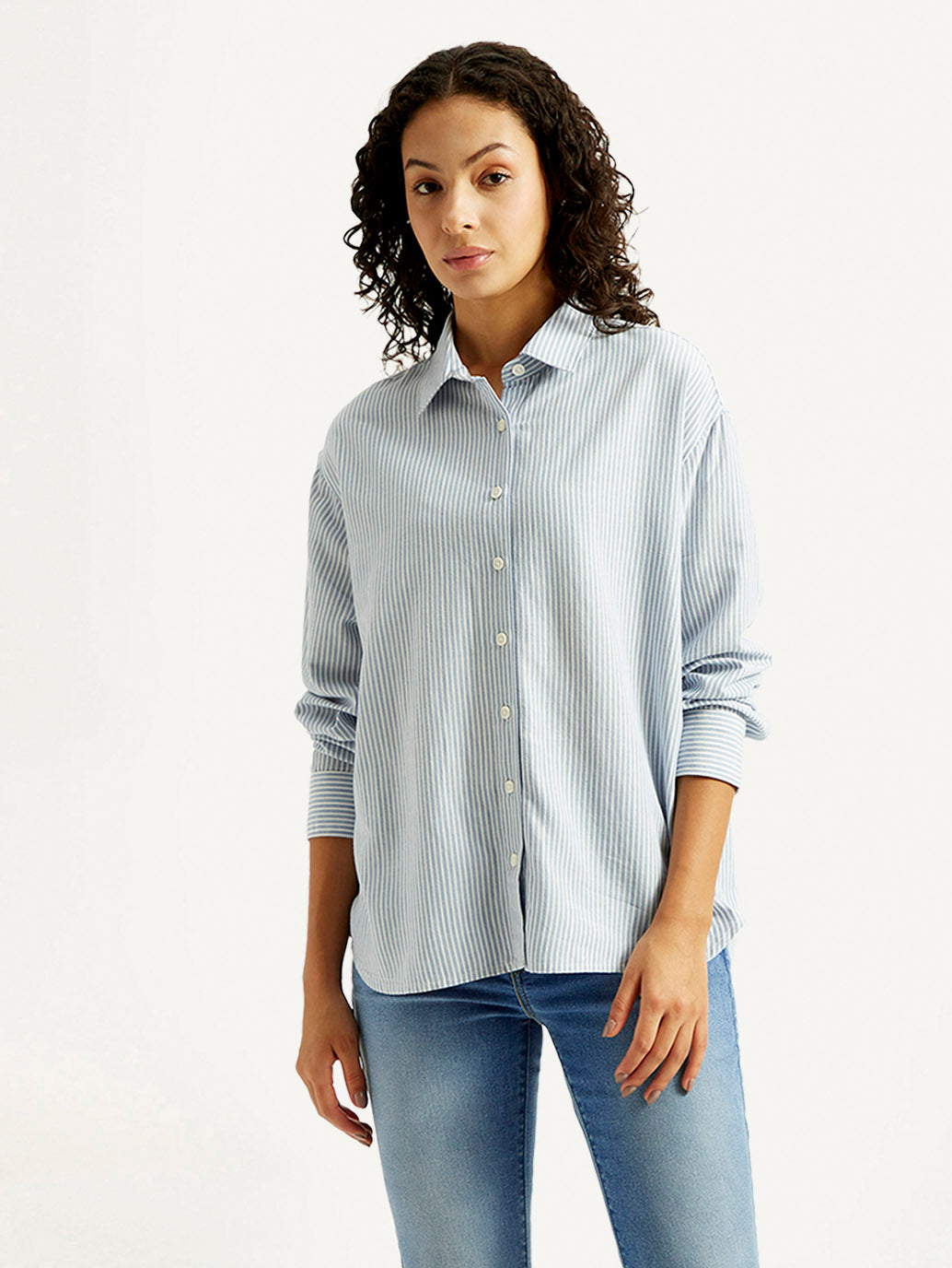 Women's Light Blue Striped Relaxed Fit Shirt - Front View