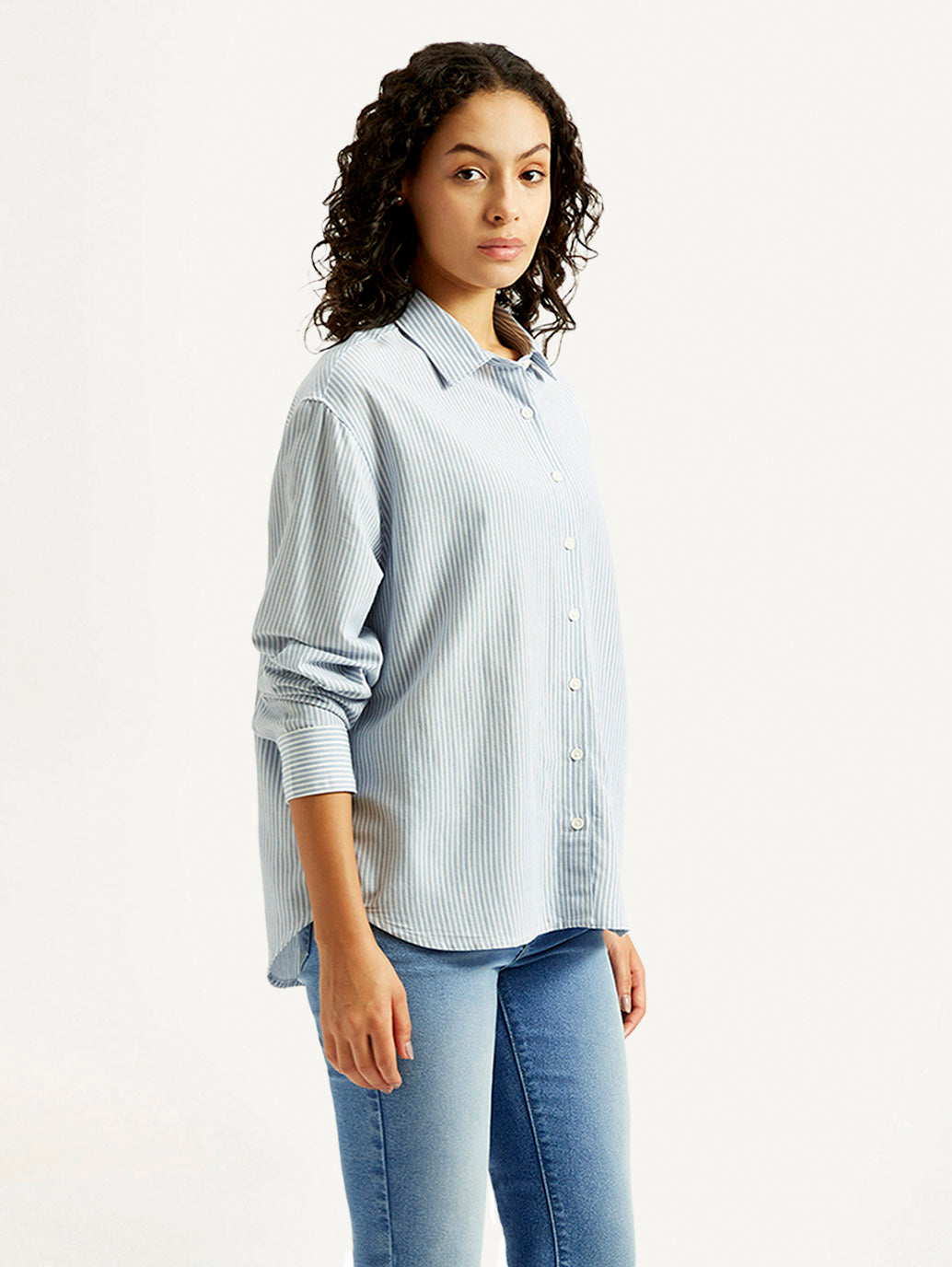 Women's Light Blue Striped Relaxed Fit Shirt - Side View