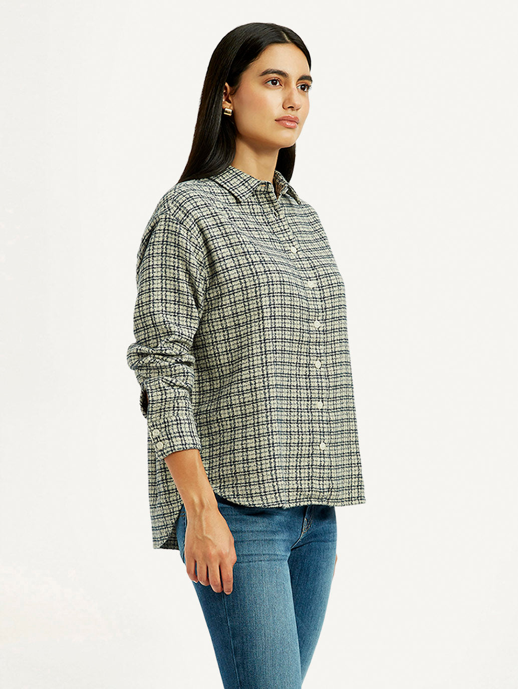 Women's Checkered Green Relaxed Fit Shirt - Side View
