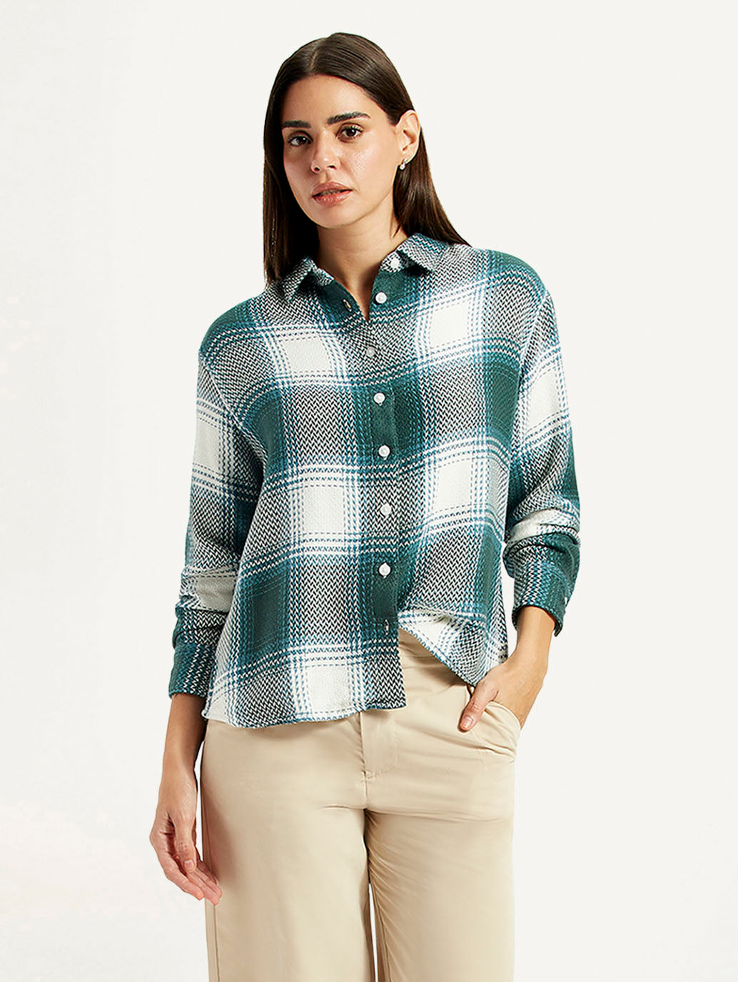 Women's Plaid Green Relaxed Fit Shirt - Styleshot View