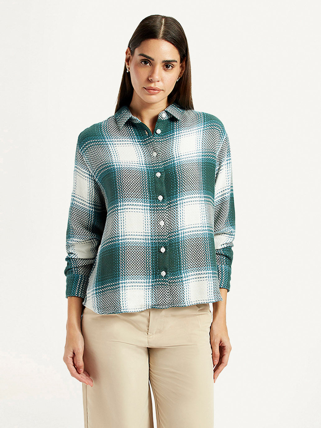 Women's Plaid Green Relaxed Fit Shirt - Front View