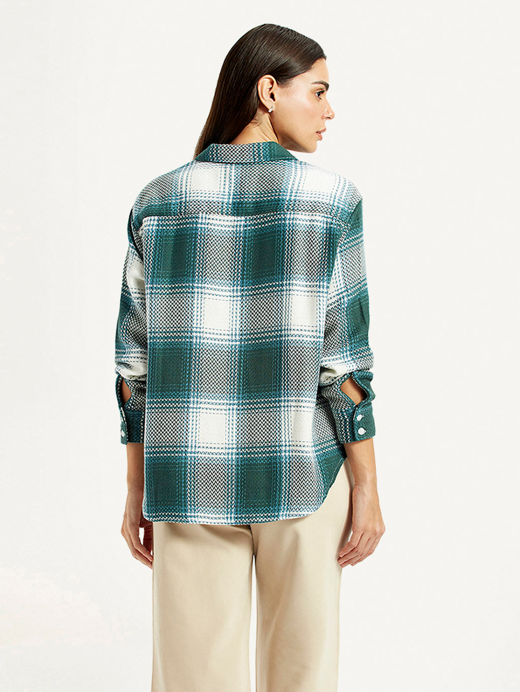 Women's Plaid Green Relaxed Fit Shirt - Back View