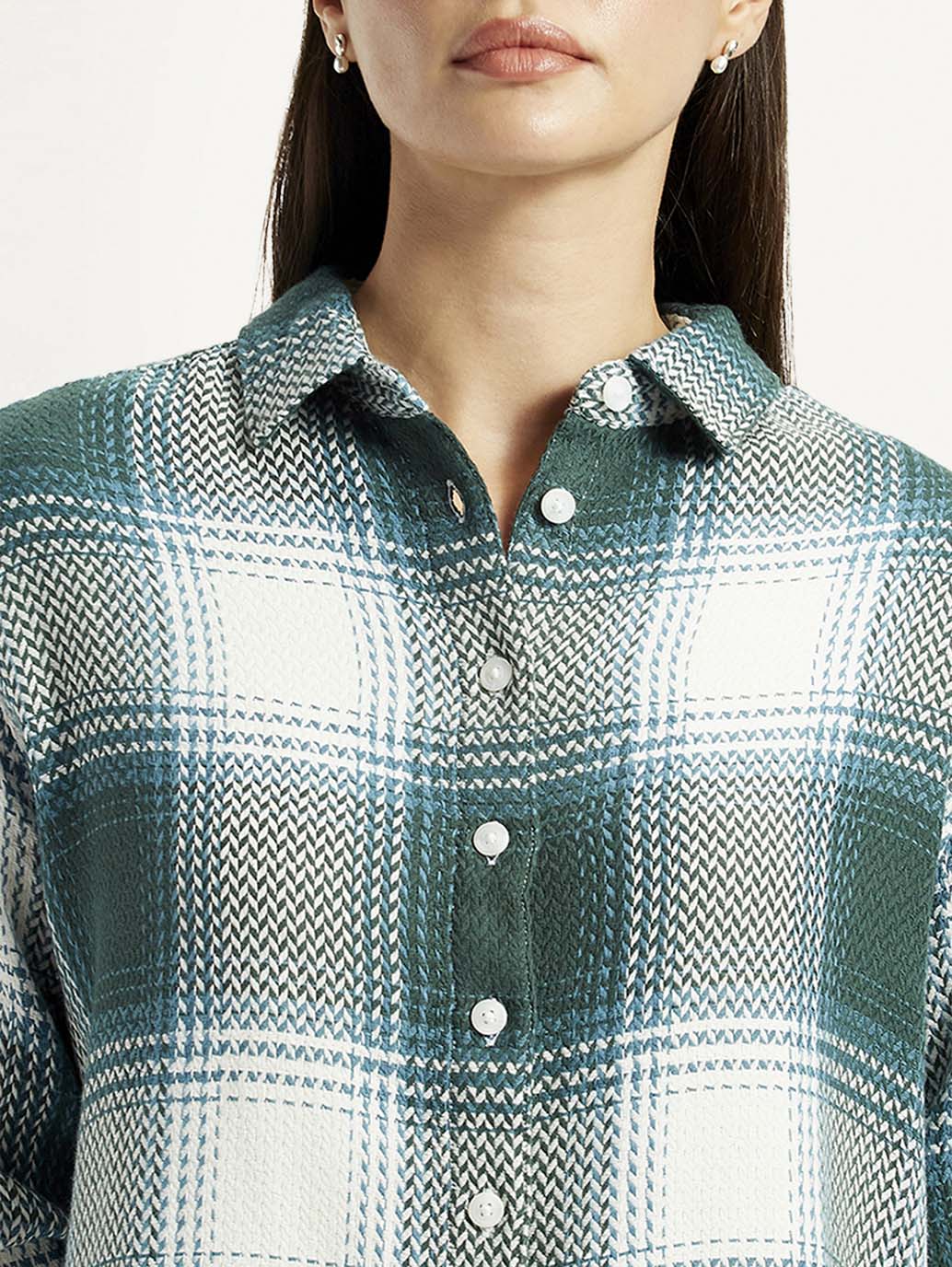 Women's Plaid Green Relaxed Fit Shirt - Detail View