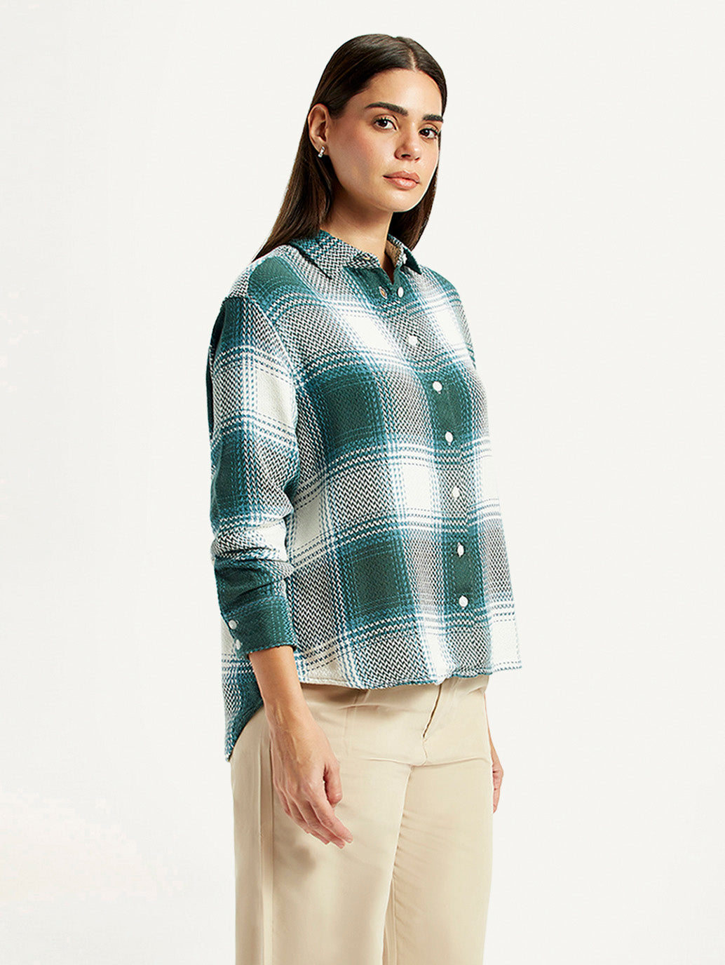 Women's Plaid Green Relaxed Fit Shirt - Side View