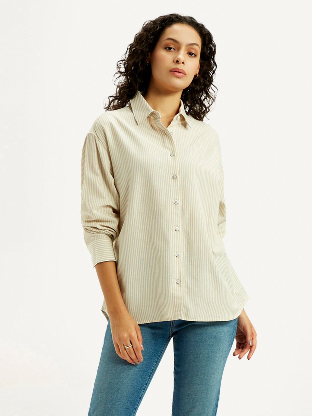 Women's Striped Beige Relaxed Fit Shirt - Styleshot View