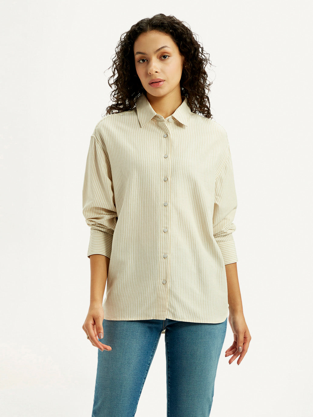 Women's Striped Beige Relaxed Fit Shirt - Front View