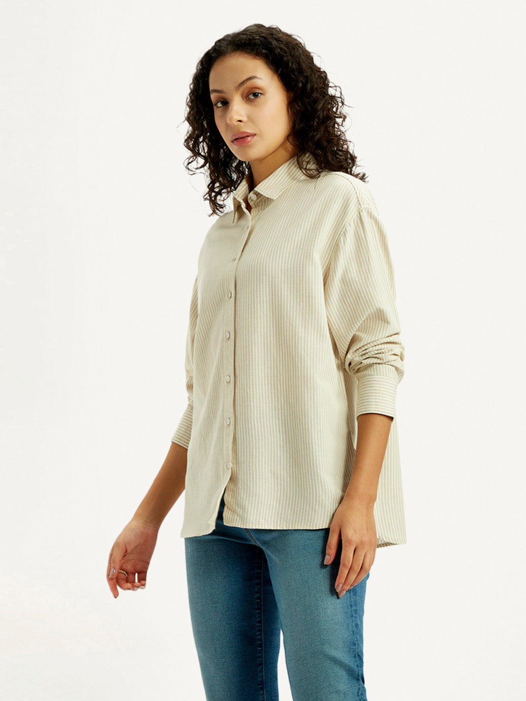 Women's Striped Beige Relaxed Fit Shirt - Side View